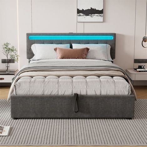 Lit coffre rembourré 160x200 gris en lin - coffre hydraulique, LED, télécommande, USB/Type‑C (sans matelas) (1/5)