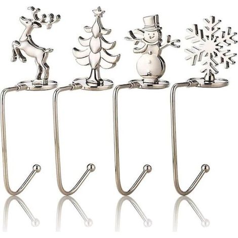 Lot de 4 supports pour chaussettes de Noël, crochets pour poêle, décorations de Noël (Style C-4pcs Argent) (1/4)