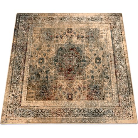Wollteppich OMEGA MAMLUK Quadrat - Rosette vintage creme beige 200x200 cm