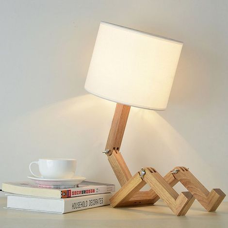 Lampe de Chevet Robot,Lampes de Table Créatives avec Base Bois Ajustable,Salon Lampe de Bureau Moderne E27 avec Abat-jour Tissu,Lampes Décorative Bricolage pour Chambre et Chambre D'enfant [Classe éne (1/5)
