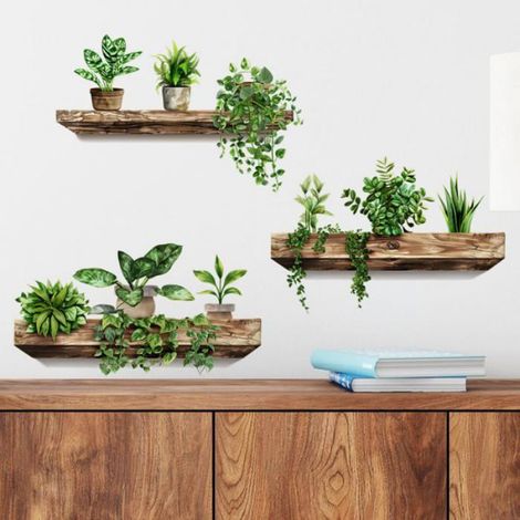 Stickers muraux Lot de 3 stickers 3D plantes vertes, plantes en pot suspendues et lierre,décoration murale autocollante pour cuisine (1/5)