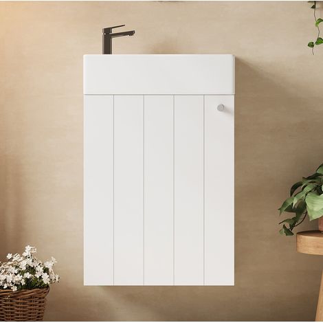 Meuble vasque mural pour petite salle de bain, fermeture douce, MDF et céramique blanche, 41x23x62,5 cm (1/5)