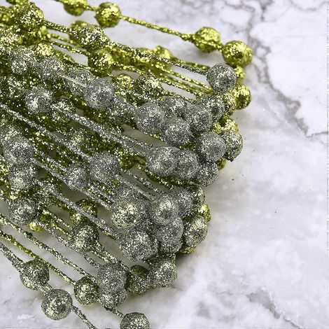 Lot de 100 tiges de baies pailletées de Noël, 40 cm, fausses décorations de Noël, bâtonnets pailletés, fruits artificiels (1/4)
