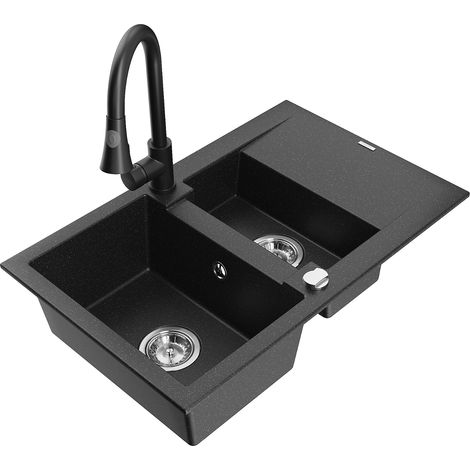 Mexen Gaspar 1,5-Becken-Granitspüle mit Abtropffläche und Mischbatterie Elia, Schwarz/Silbermetallic