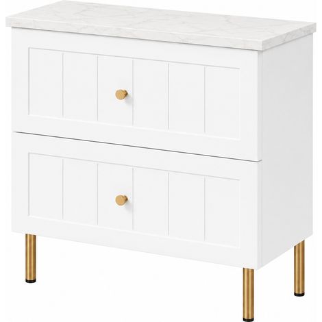 Meuble sous-vasque sur pieds 60 cm, 2 tiroirs, avec plan de travail, Blanc / Plan Marbre, poignées dorées, pieds dorés, 60 x 46 x 73,6 cm (1/5)