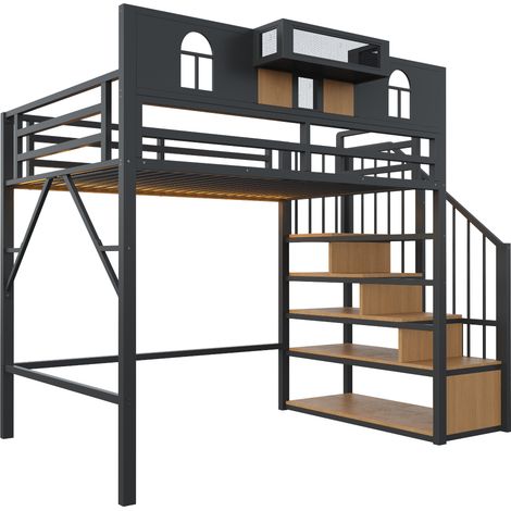 Metall-Hochbett 90 x 200 cm Schwarz mit Stauraumtreppe, Regal und LED-Beleuchtung (1/5)