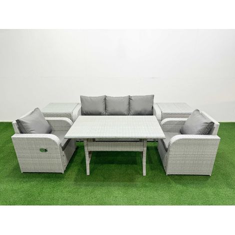 Fimous PE Rattan Garden Furniture Set Reclining Chair Sofa Lounge Sofa Set Rectangular Dining Table 2 Side Table Light Grey (1/4)