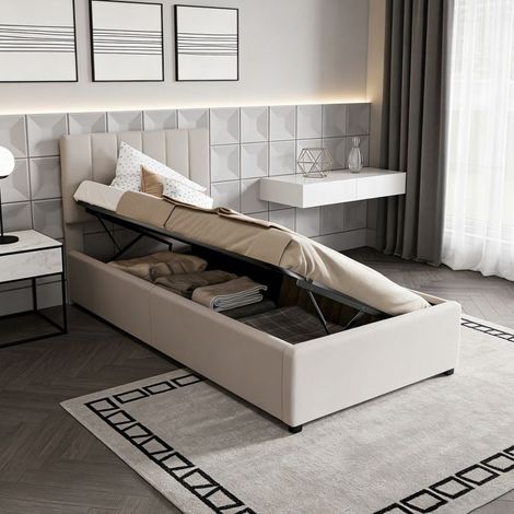 Letto contenitore - NEXU - 90x200 cm - Tessuto lino beige - Rete a doghe - Testata letto 3 posizioni (1/5)