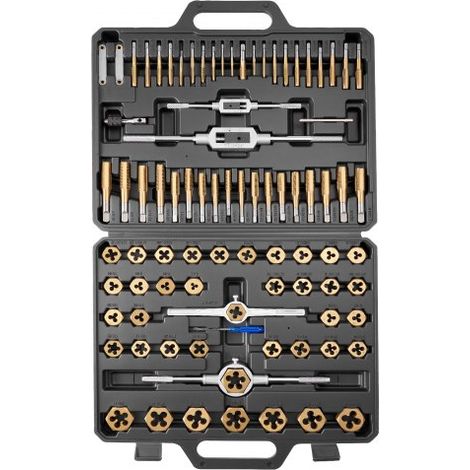 Juego de Machos y Terrajas de Roscar 86 Piezas, SAE 4-5/8 pulgadas y Métrico M3 a M12, Rosca Gruesa y Fina, Acero Recubierto de Titanio, Incluye Llave, Calibre, Estuche para Reparación de Roscas (1/5)