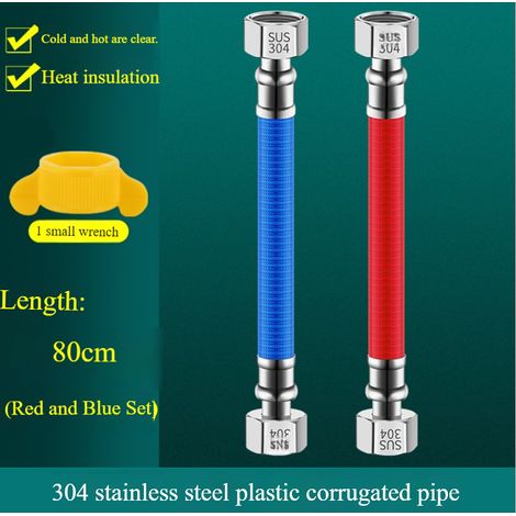 Lot 2 tuyaux flexibles inox 304 gainés PVC 80 cm G1/2 BSPP, rouge eau chaude, bleu eau froide pour chauffe‑eau (1/2)