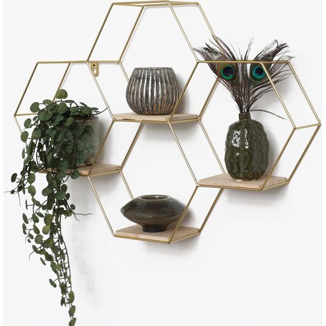 Perchero de pared metálico hexagonal cuádruple - 40,5x58 cm - Dorado (1/5)