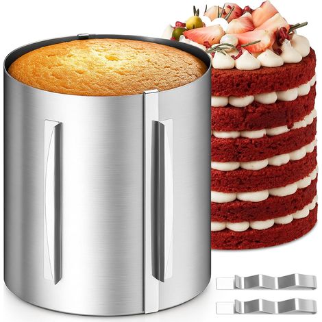 Adjustable Stainless Steel Pastry Circle, 6-12 Inch, Height 20 cm, Cake Mould, 2 Clips of Extendable Ring Attachment for Home Baking, Baking and Desserts (1/5)