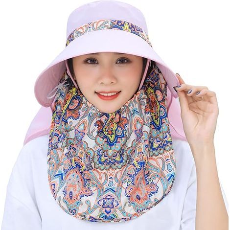 Chapeau de soleil à large bord pour femme, avec masque facial amovible, rabat pour le cou et le visage, protection UV, idéal pour le jardin, la pêche et la randonnée. Parfait pour le jardin, la pêche