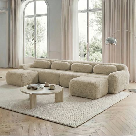 Canapé d’angle modulare in tessuto plush kaki chiaro, configurabile a U o L, senza montaggio (1/5)