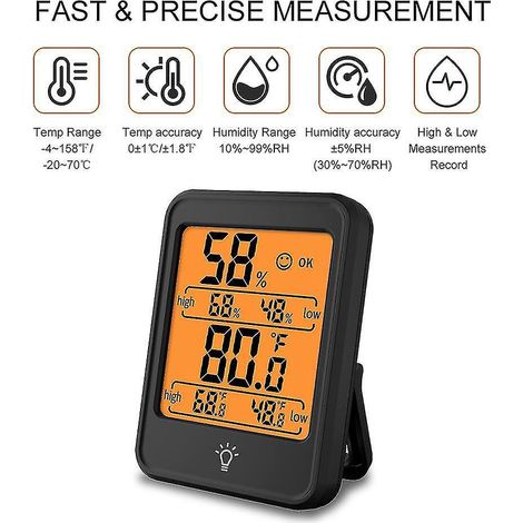 Hygromètre-thermomètre numérique, indicateur de température et d'humidité intérieures avec grand écran LCD noir (1/3)