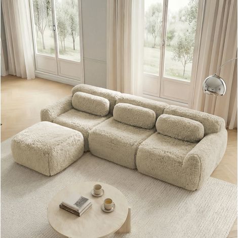 Canapé d’angle modulaire en tissu peluche, Light Khaki, sans montage, avec coussins,204x179x73 cm (1/5)