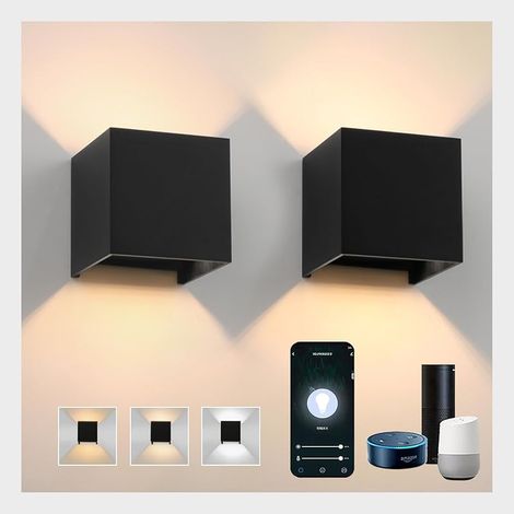 Lot de 2 appliques murales Alexa, lampe intérieure/extérieure 14 W, maison intelligente dimmable 3000 K-6000 K, contrôle d'application, IP65, angle de faisceau réglable, noir (1/5)