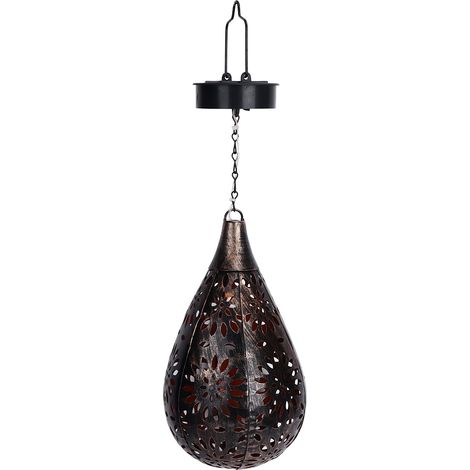 Lanterne solaire suspendue – bronze – fer métal – motif creux – pelouse / cour – étanche – lustre solaire