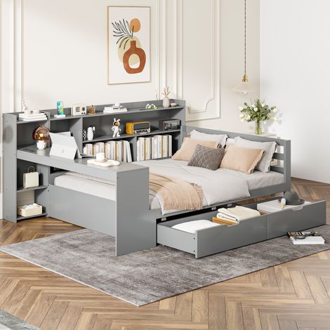 DESVIAE Canapé lit en bois avec bureau étagères rangements et prises USB 140 x 200 cm gris (1/5)