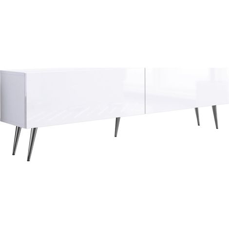 Meuble TV : Blanc Mat / Blanc Brillant, pieds Chrome, 170 × 52 × 32 cm (1/5)