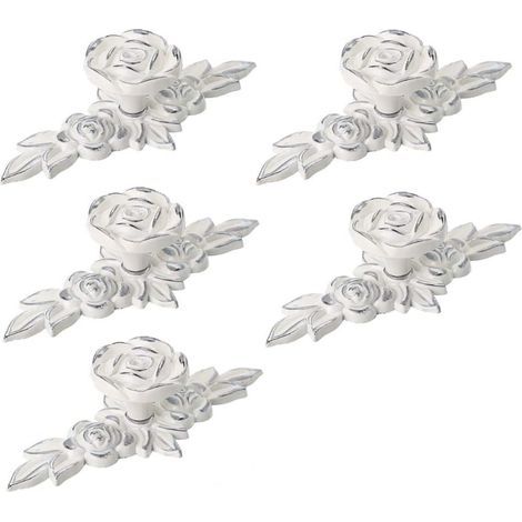 Lot de 5 boutons de placard décoratifs Euro Rose avec plaque, boutons de tiroir ivoire floral, boutons de porte de placard, poignées de tiroir blanc ivoire (1/5)