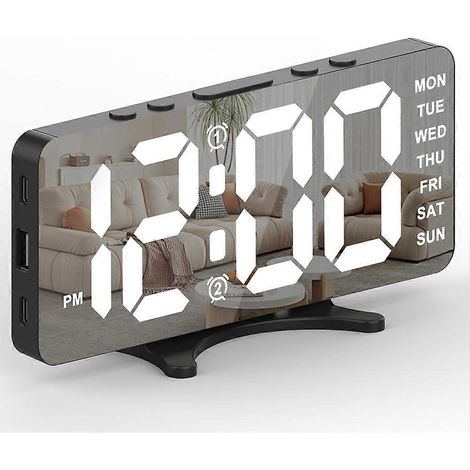 Réveil numérique de chevet noir, horloge digitale pour chambre à coucher, cadran LED lumineux, fonction alarme et date, design compact. (1/5)
