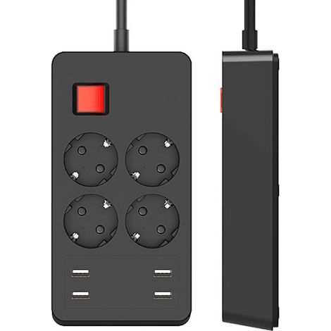 Multiprise parafoudre multifonctionnelle avec 4 prises de courant et 4 ports USB, avec interrupteur de surcharge indépendant, 1,5 mètre de long, noire. (1/5)