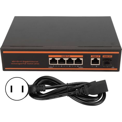 5 Port Switch PoE 4x1000 Mbps PoE + 1xUplink Gigabit + 1xSFP 802.3af/at Sans Ventilateur VLAN Commutateur Gigabit PoE Prise US 100-240V (1/5)