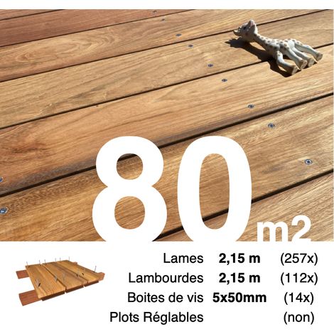 Kit terrasse bois exotique JATOBA pour 80 m² • Lames 2,15 m, lambourdes 2,15 m et visserie Inox • Livraison gratuite