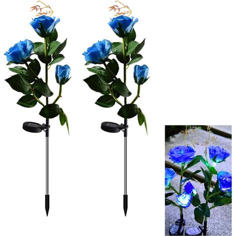 Zwei solarbetriebene LED-Dekorationsleuchten für Gärten mit simulierten Rosenmotiven (blau - 3 Rosenköpfe). (1/5)