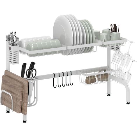 Égouttoir blanc en inox 100x30x54,5 cm à 2 niveaux avec planche à découper et porte-couverts, accessoire cuisine design pratique pour vaisselle et rangement