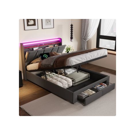 Letto matrimoniale 160x200 cm – Letto per adulti – Lino – Letto contenitore – Illuminazione a LED – Porta USB – Rete a doghe (1/5)