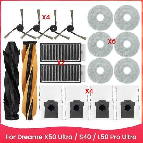 Pièces détachées pour aspirateur Dreame X50 Ultra / S40 Enhanced / L50 Pro Ultra Edition : brosse latérale principale, filtre HEPA, chiffon de nettoyage, sac à poussière (1/5)