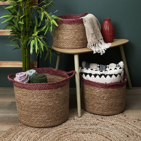 Lot de 3 Paniers - HOME DECO FACTORY - Tressés - Bicolores - Marron et Rouge (1/5)