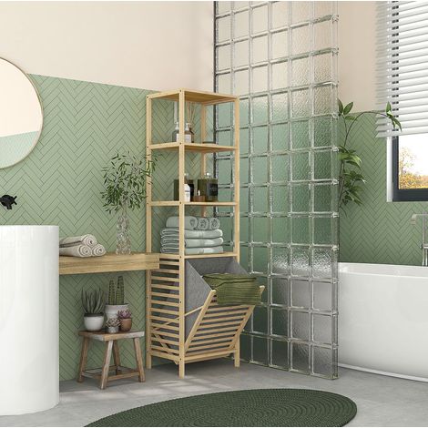 Étagère de salle de bain en bambou naturel, 3 étagères ouvertes et panier à linge basculant, 44 x 33 x 160 cm (1/5)
