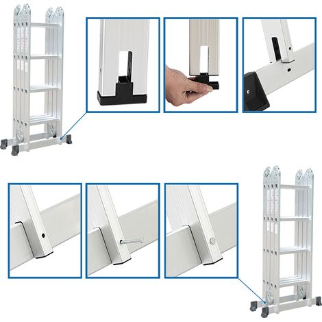 Todeco – Échelle télescopique 6 en 1 – Hauteur réglable 1,25 à 4,78 m – Charge maximale 150 kg – Alliage aluminium – Norme EN 131