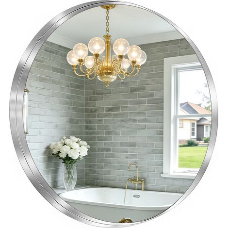 Miroir rond contemporain argenté brossé de 76,2 cm à fixation murale, panneau de verre, cercle profond, cadre en acier inoxydable, miroir pour salle de bain, entrée, salon (1/5)