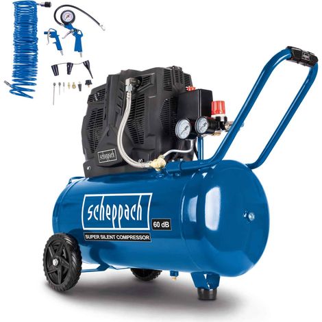 Scheppach Compresseur Bicylindre Super Silencieux HC51Si - 1500 W - Cuve 50L - 8 Bar - Sans huile et peu d'entretien -  Admission d'air 300 L/min  Manomètres, Raccords Rapides + 13 Accessoires (1/5)