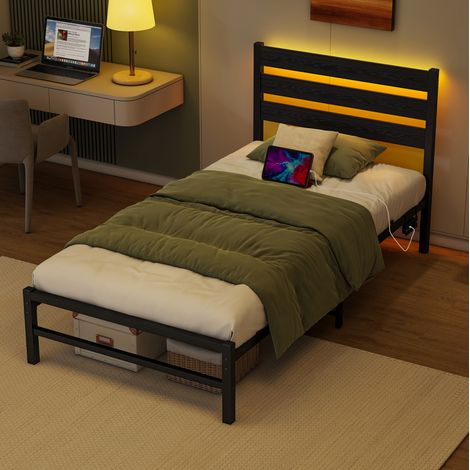 Letto singolo LED metallo MDF 90x200 nero DESVIAE (1/5)