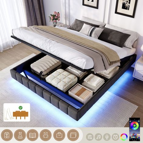 4ft6 Double Floating Bed Frame with Hydraulic Under-bed Storage & Smart RGB LED Lights, No Headboard Upholstered Bed with Concealed Anti-Collision Leg, Linen Fabric, Grey (No Mattress)