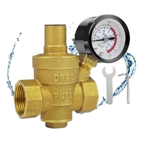 QORVA-DN20 Réducteur de Pression D'Eau, Reducteur de Pression Eau, Pression D'Eau Réglable, Régulateur de Pression D'Eau, Réduction de Pression D'Eau Réglable en Laiton avec Manomètre Compteur (1/5)