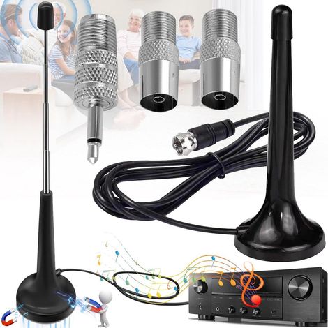Antenna radio DAB/FM telescopica - Antenna radio da interni - Antenna radio digitale - Base magnetica - 3 adattatori - Cavo di prolunga da 3 metri