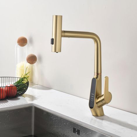 Robinet de Cuisine Extractible, 3 Modes de Débit d'eau, Cascade, Affichage Numérique LED, Pivotant à 360° Mitigeur Cuisine Robinet, Mitigeur Cuisine à Poignée Unique, 59A Tout en Cuivre (1/5)