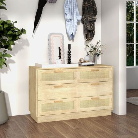Cassettiera in legno con 6 cassetti in rete di rattan, stile bohémien, cassettiera per soggiorno o ufficio, 110x40x69 cm, rovere