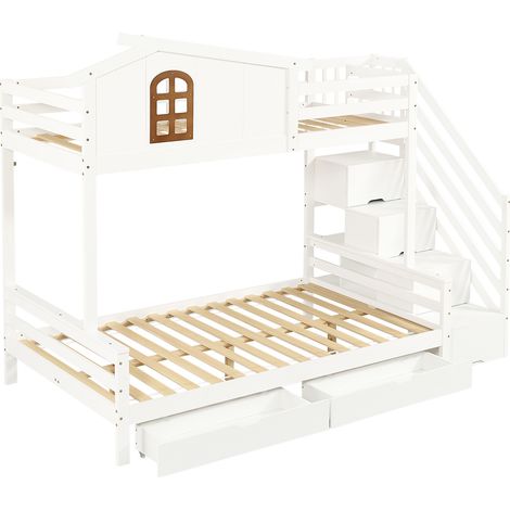 Litera infantil con escalera de esquina, 2 cajones, ventanas, 90x200/120x200 cm (1/5)
