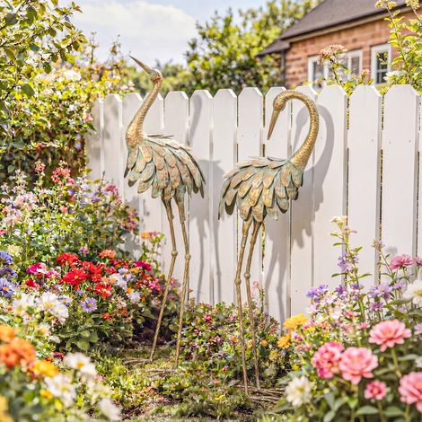 Lot de 2 Statues de Jardin, Sculpture de Héron en Métal, Statues d'oiseaux 91/95cm, pour Cour, Étang, Terrasse, or/bleu (1/5)