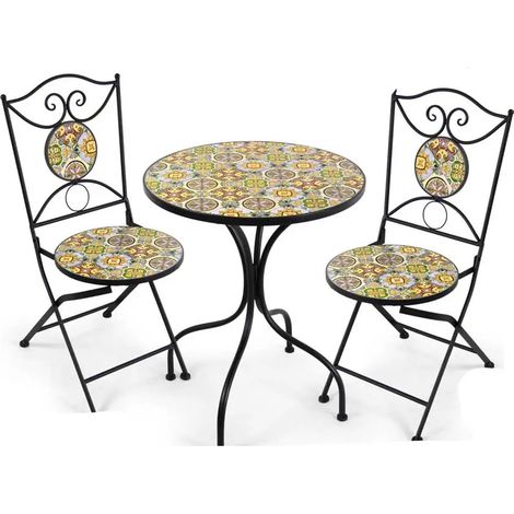 Set tavolo e 2 sedie pieghevoli in metallo con inserti a mosaico