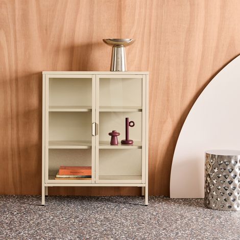 Armoire vitrine acier et verre trempé 2 portes 80cm beige - Arkansas