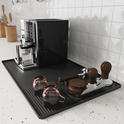 Tapis de café en silicone 40x60 cm, antidérapant et résistant à la chaleur, idéal pour plan de travail, protège et organise près des machines à expresso, assiettes et sorbetières. (1/5)