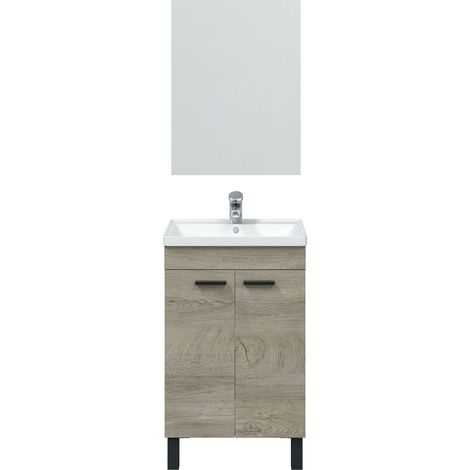 Pegane – Meuble sous vasque simple 50 cm – Miroir chêne Alaska – Longueur 50 x Hauteur 80 x Profondeur 40 cm – Panneau aggloméré haute densité